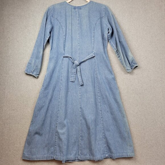 Vintage 80s FADS Womens Size 8 Petite Denim Dress Button Up Lace Pleated Modest - Picture 11 of 16